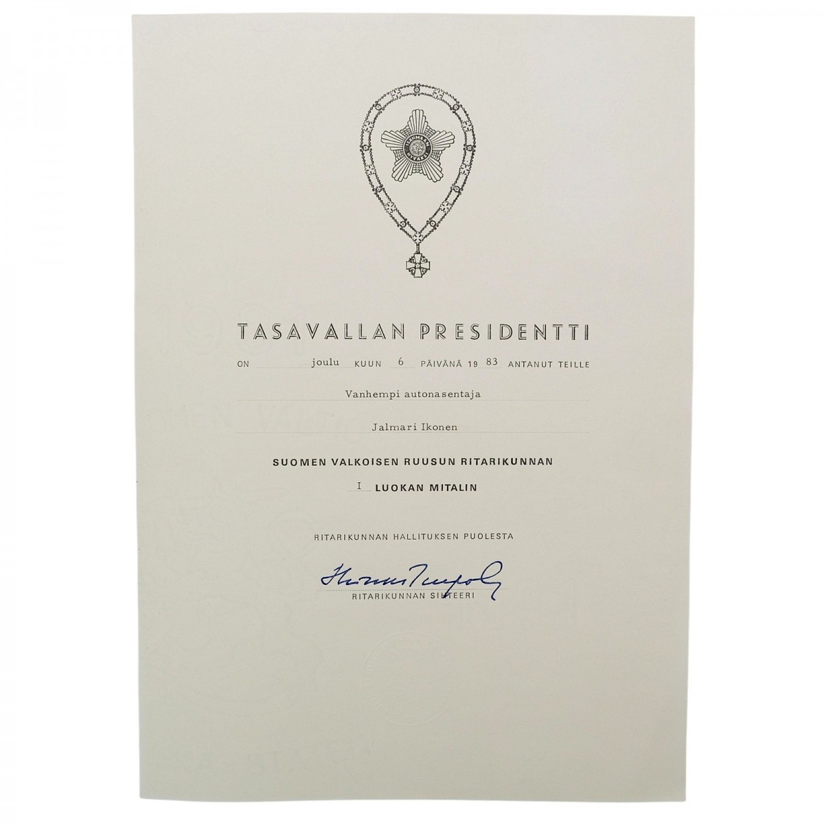 Finland. Award document for the Order of the White Rose Knight's Cross 1st class.