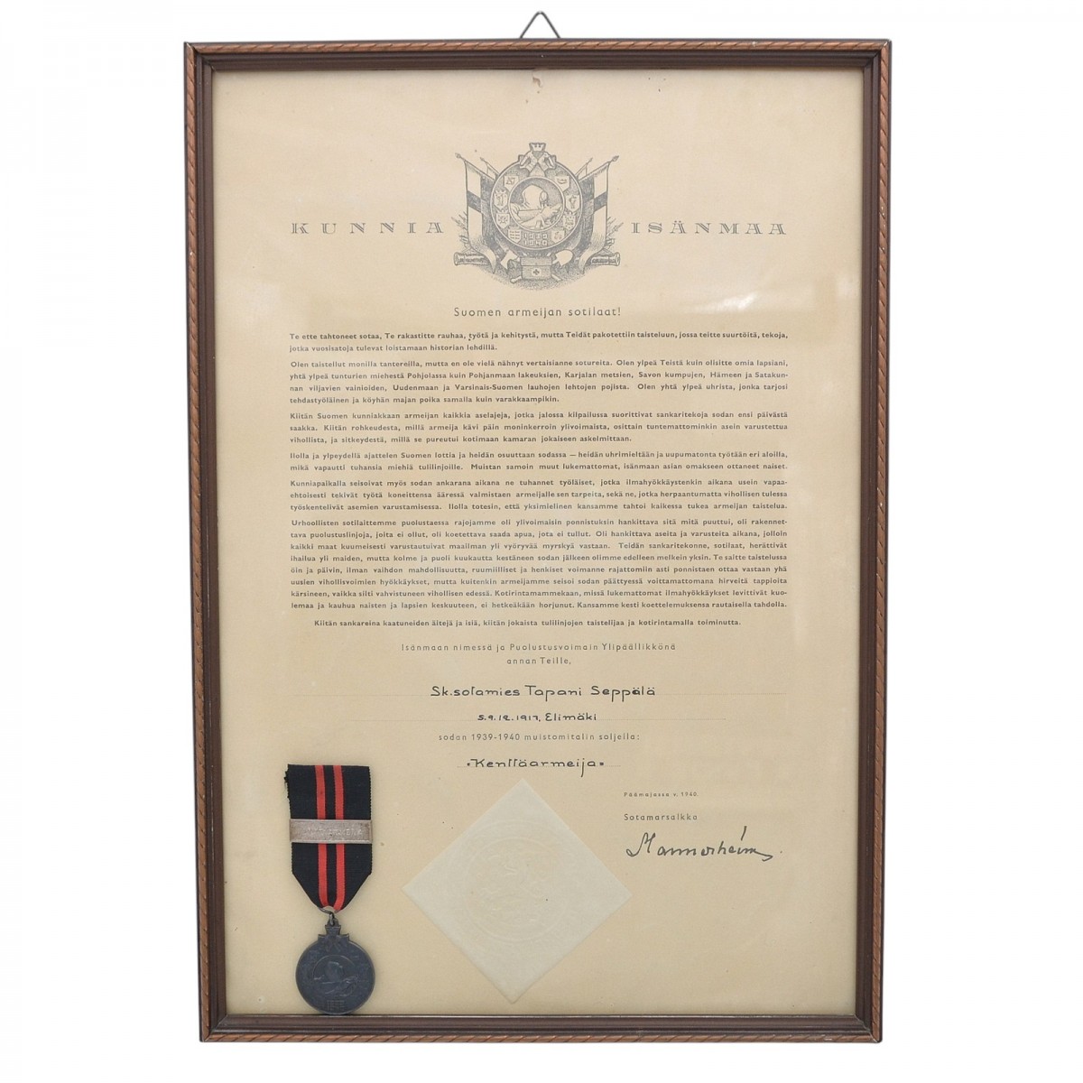 Finland. Medal "For the Winter War" with the owner's document