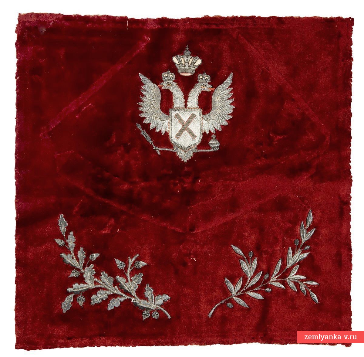 A fragment of embroidery on velvet with the symbols of the L-Gw. Izmailovsky regiment