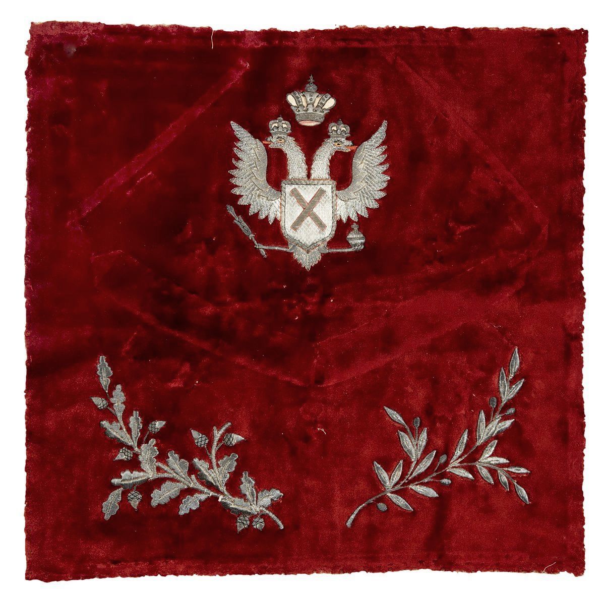A fragment of embroidery on velvet with the symbols of the L-Gw. Izmailovsky regiment