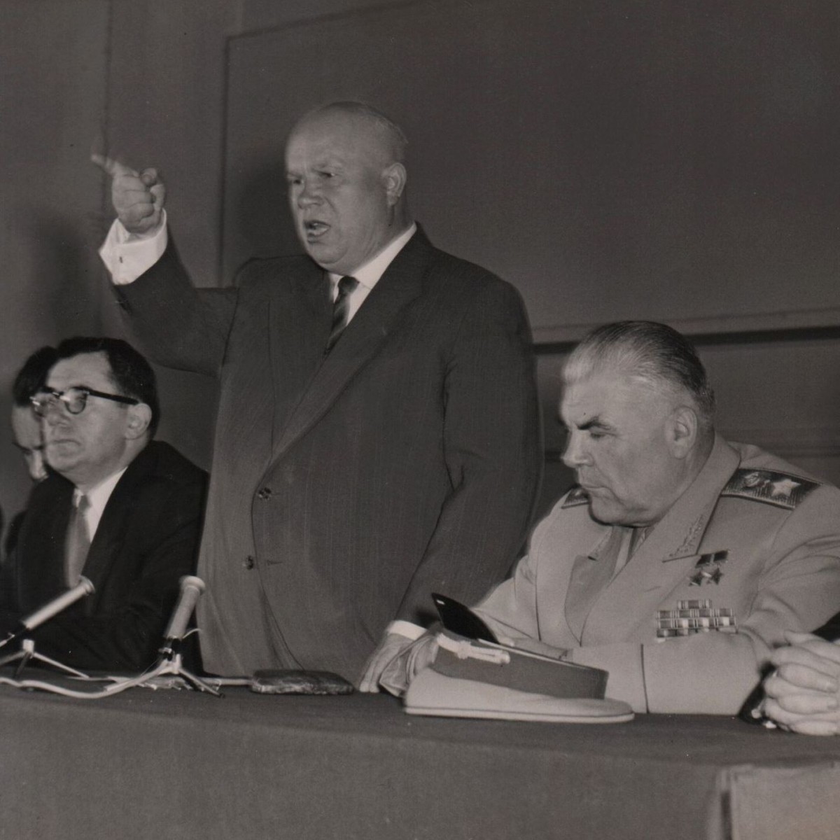 Photo of N.S. Khrushchev and Marshal R. Ya. Malinovsky at a press conference in Paris, 1960.