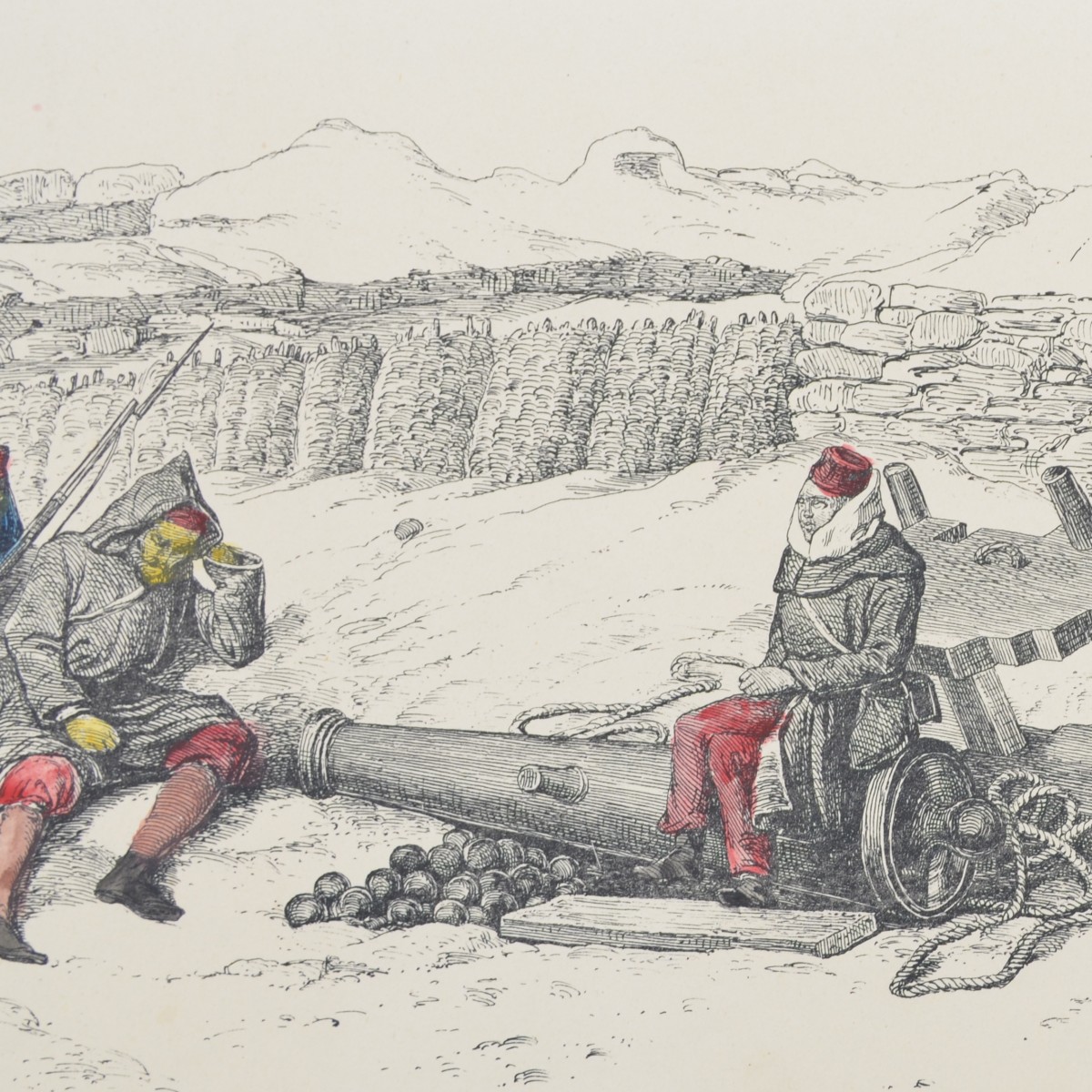 Lithograph of the Crimean War period "On the battery of heavy guns in Sevastopol"