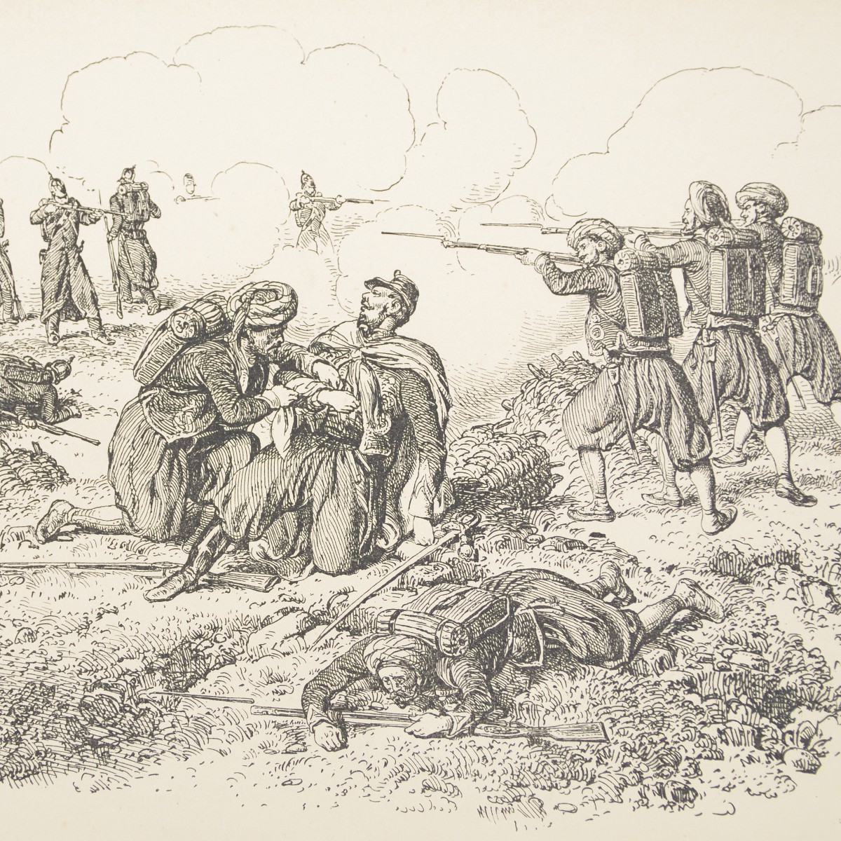 Lithograph of the Crimean War period "Zouave bandages an officer's arm under fire"