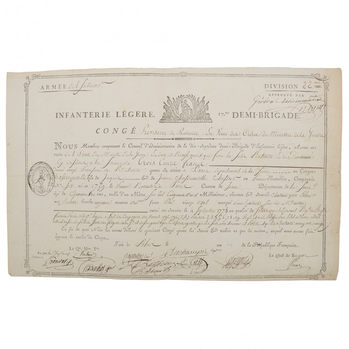 The patent for the discharge into the reserve of the lower rank of the 17th semi-brigade of light infantry, 1802