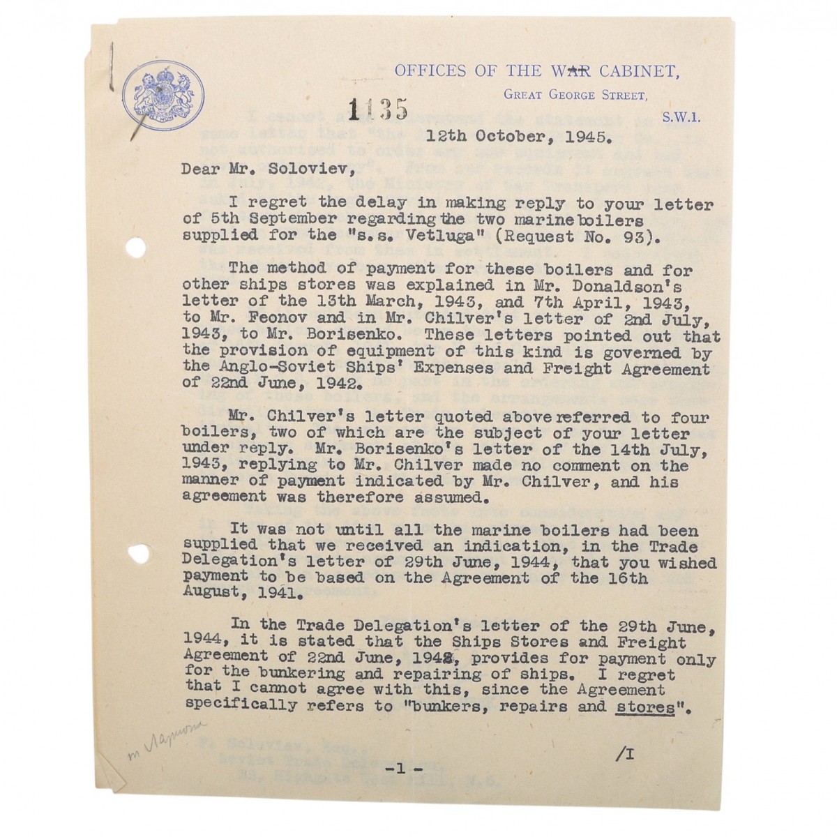 Letter to the head of the Soviet Trade Mission from the British War Cabinet, 1945
