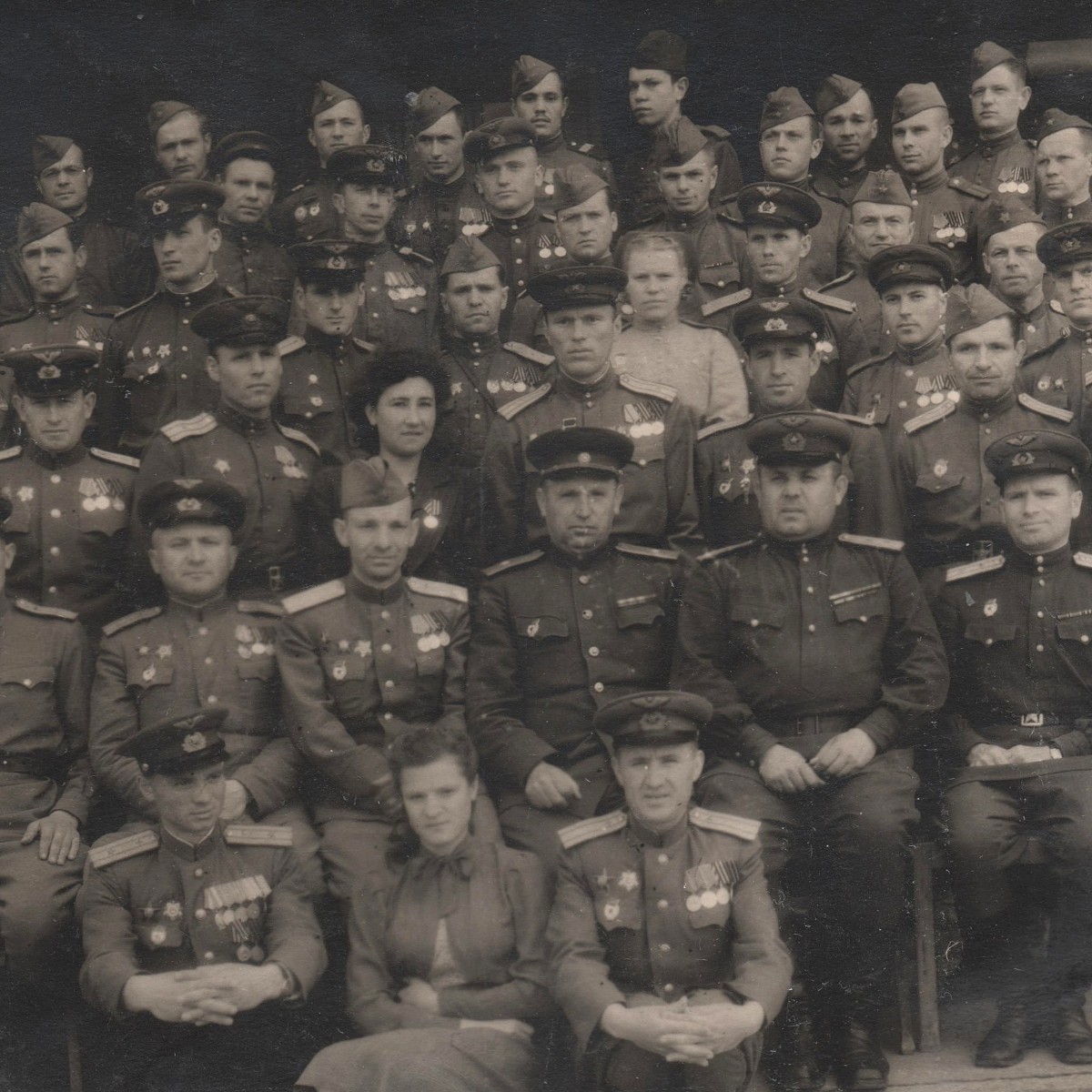 Group photo of soldiers and officers of the Red Army Air Force with two generals