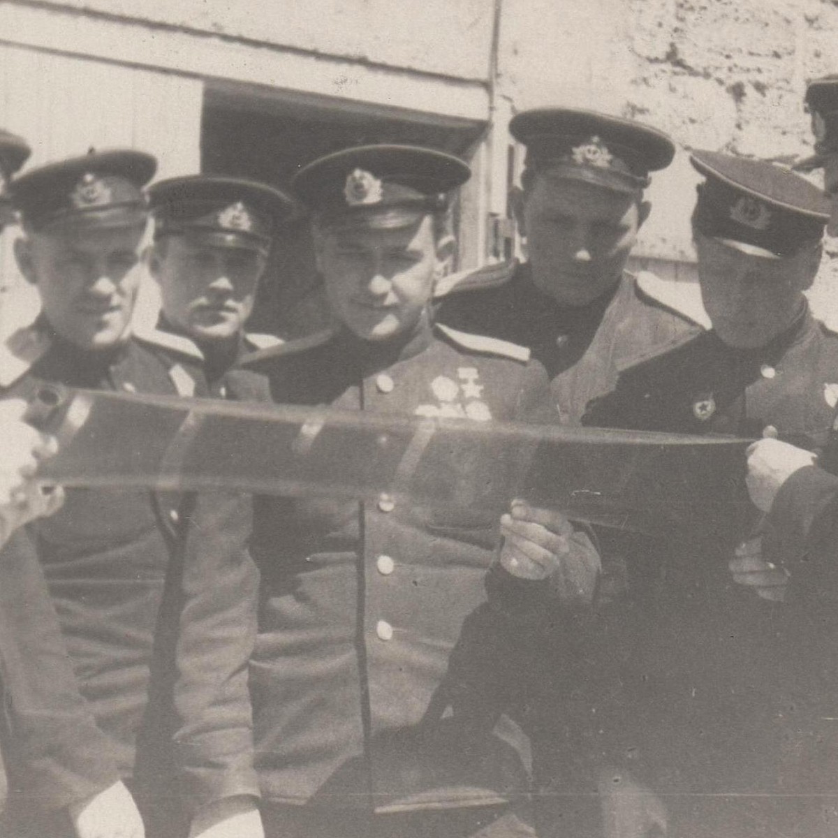 Photo of the Hero of the Soviet Union, officer Lot, surrounded by his colleagues