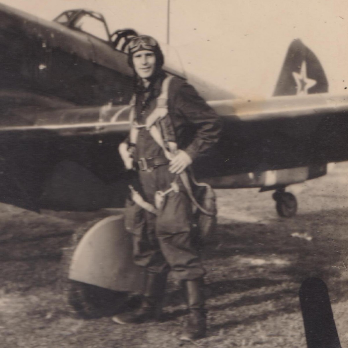 Photo of a Red Army Air Force pilot at a combat aircraft, 1945