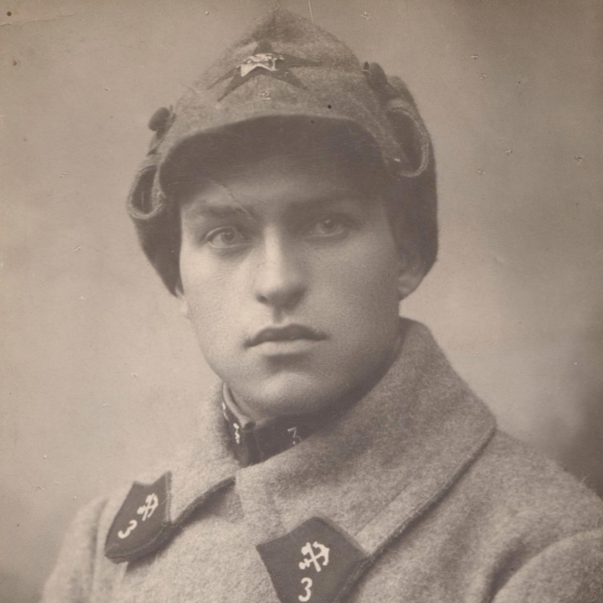 Early photo of a Red Army soldier of the 3rd railway regiment of the Red Army