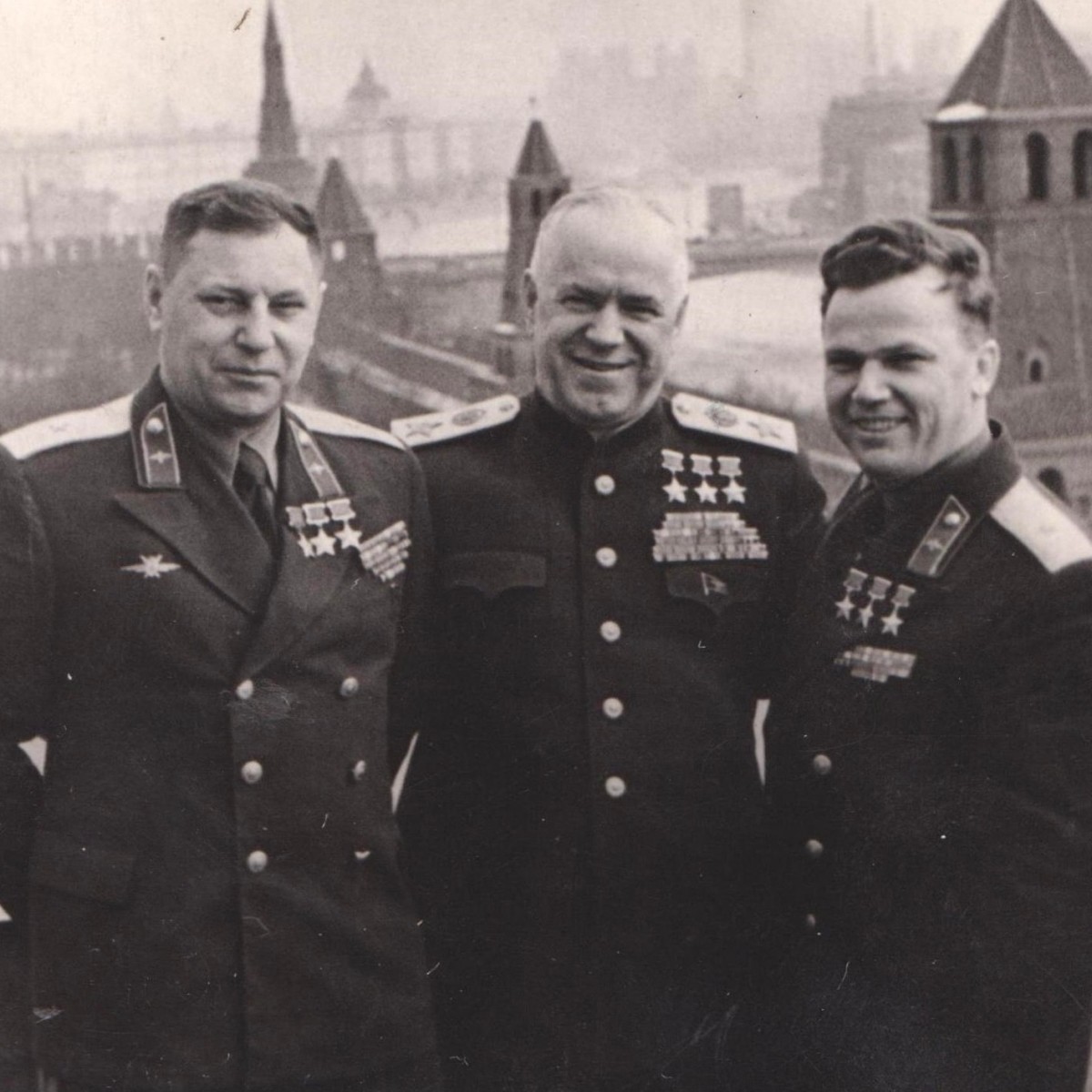 Photos of three Heroes of the USSR: Marshal G.K. Zhukov and ace pilots I.N. Kozhedub and A.I. Pokryshkin