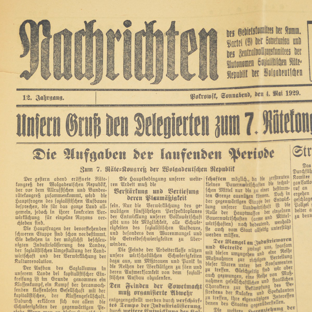 The newspaper of the Volga Germans Nachrichten (Izvestia) dated May 1, 1929