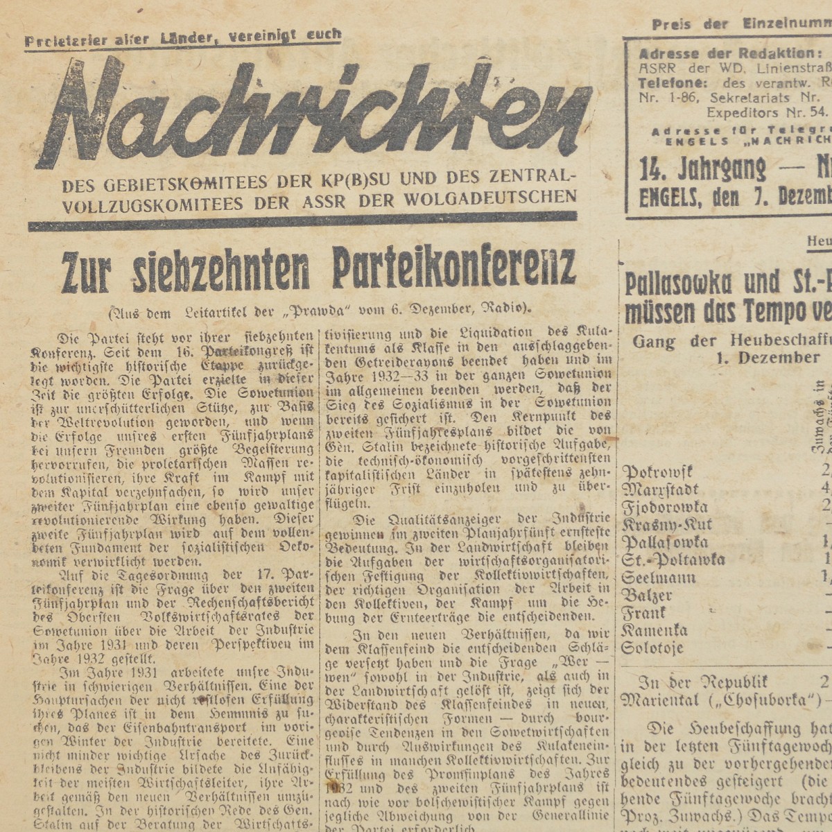The newspaper of the Volga Germans Nachrichten (Izvestia) dated December 1931