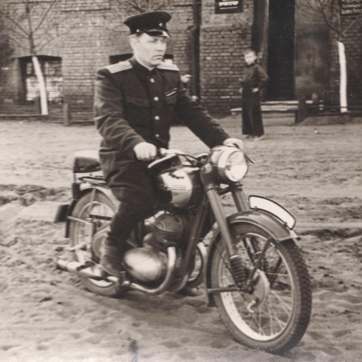 Photo of an officer of the Red Army on a motorcycle