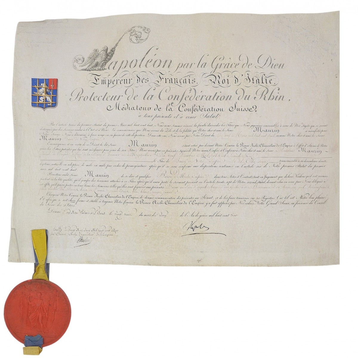 Patent for the title of nobility in the name of General A. Maurin, signed by N. Bonaparte