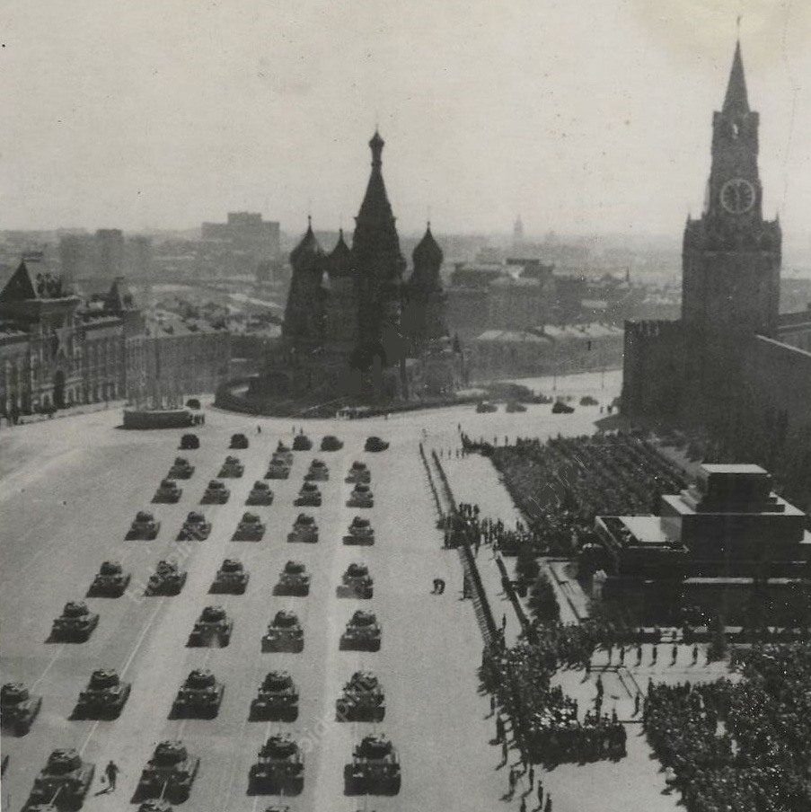 Photo by TASS "Armored troops on parade on Red Square", 1945