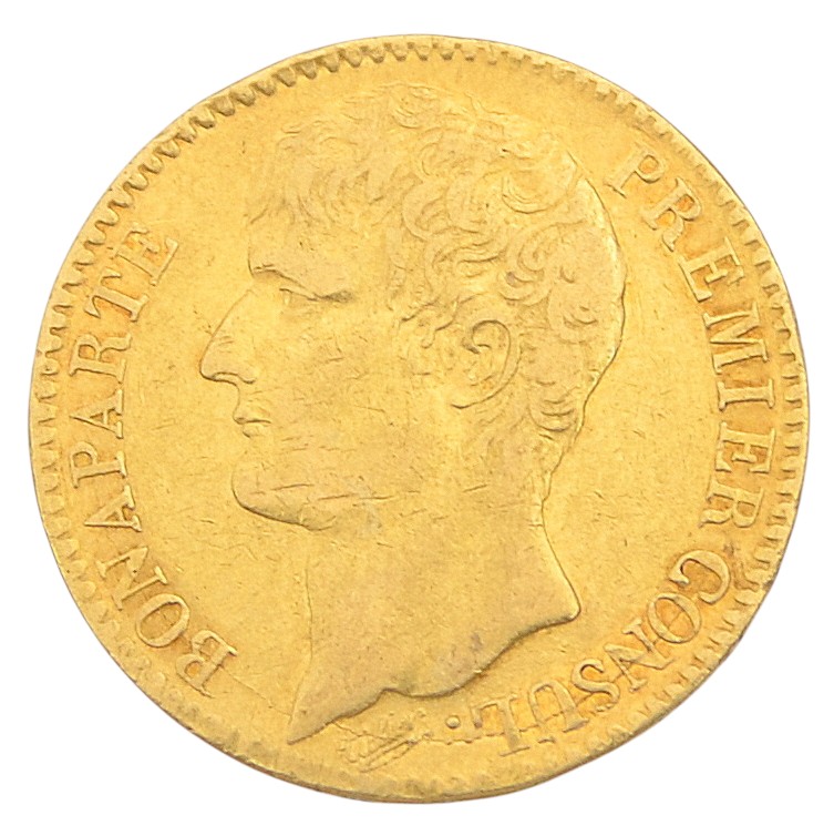 A 40-franc coin from the 11th year of the Republic (AN XI). Bonaparte is the First Consul. The Paris Mint.